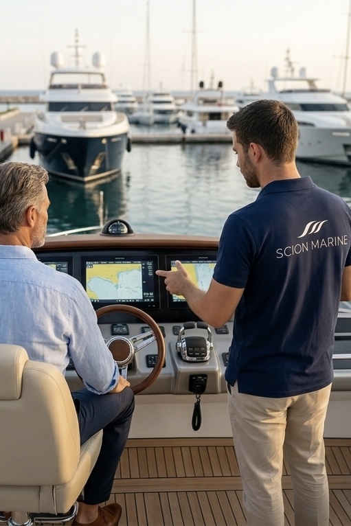 Professional maritime instructor mentoring a yacht owner in the bridge of a modern superyacht by Scion Marine.